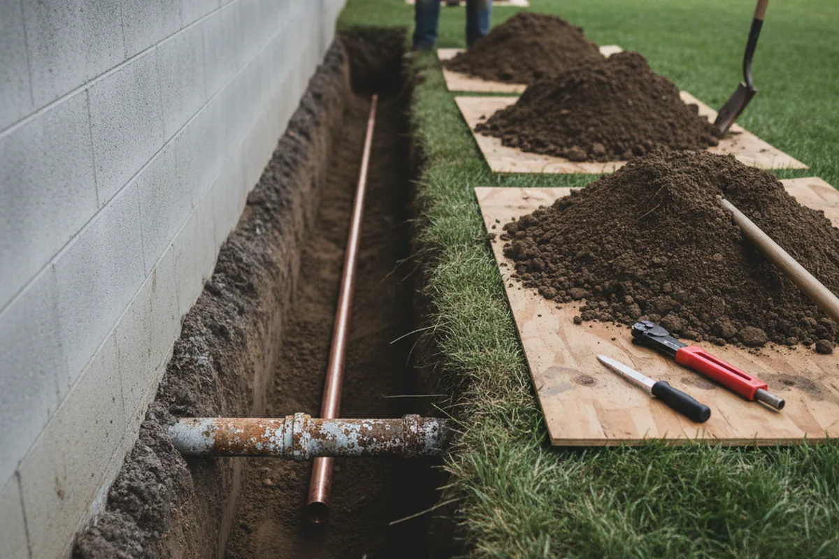 Excavated water line trench during Sewer Line Repair in Daggett